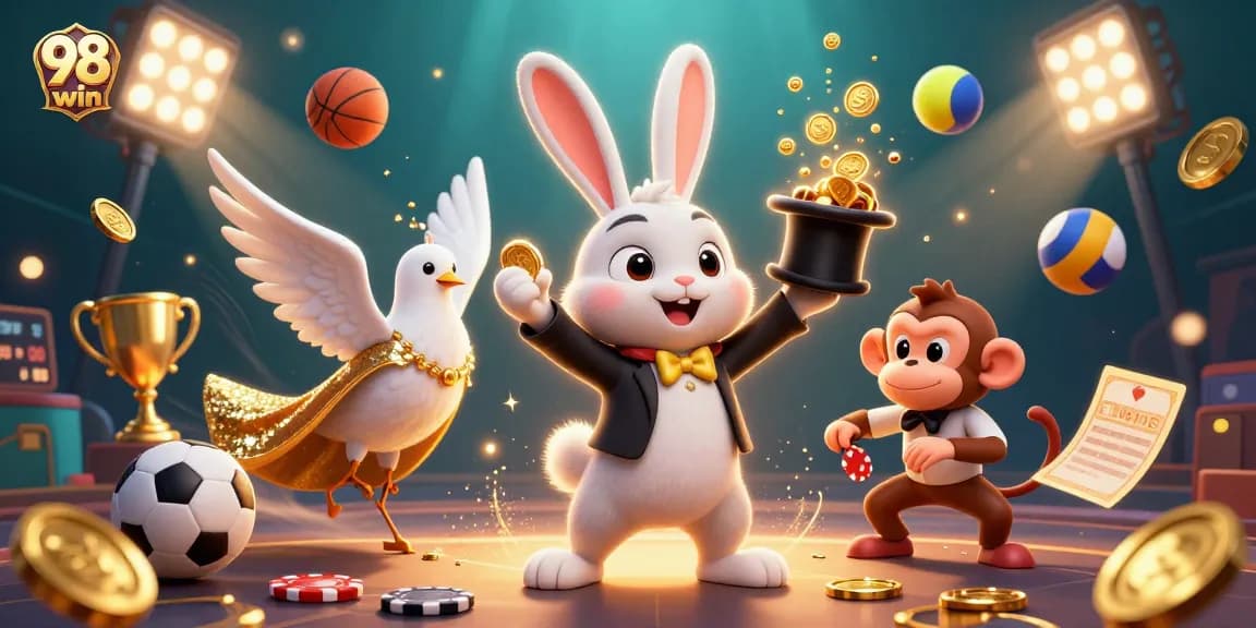 Engage with the thrilling world of 98 win as the magician rabbit conjures coins, surrounded by dynamic sports action.
