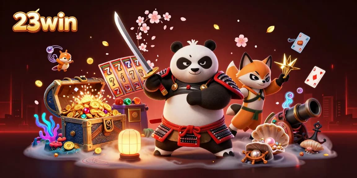 Engage with 23win's thrilling gaming scene featuring lively characters and dynamic slot spins.
