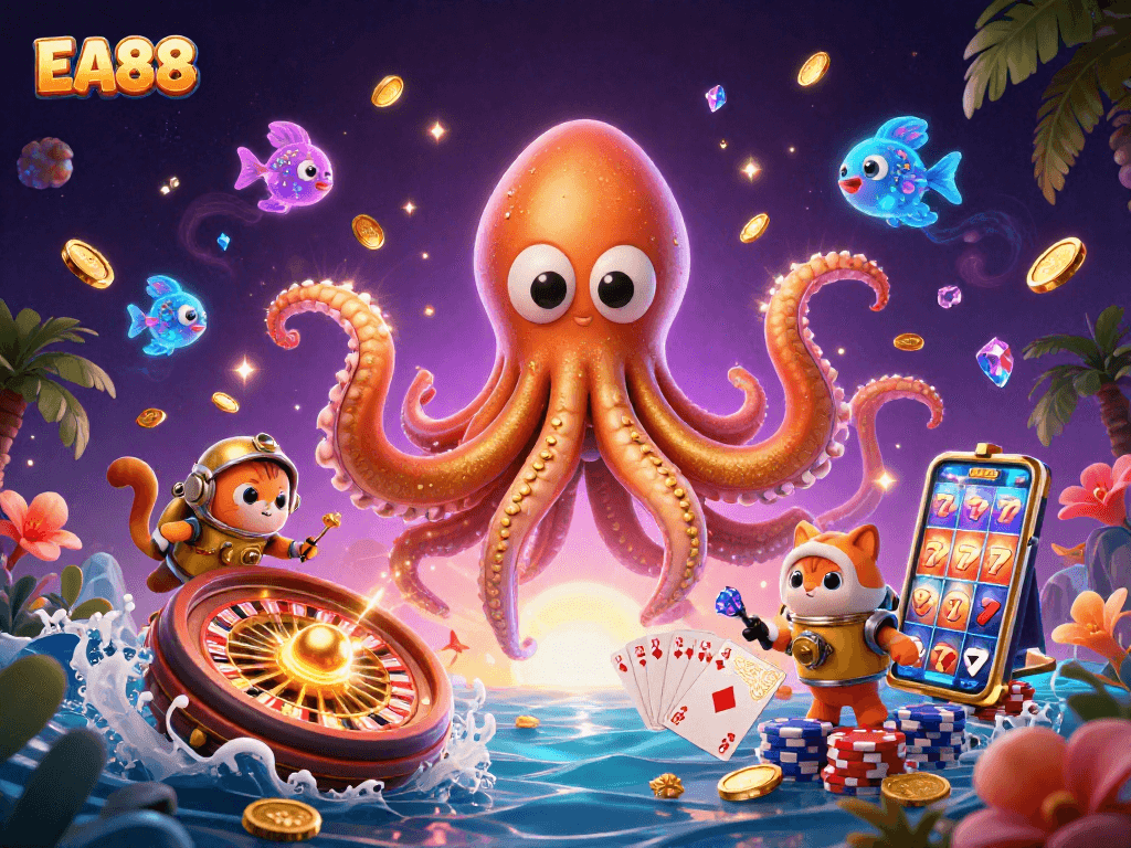 EA88 players dive into an ocean of riches with a kraken and treasure-filled scene.