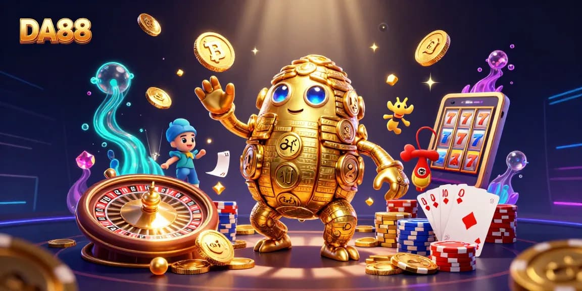 Engage with DA88 through 3D casino fun featuring a golden golem amidst coins and slots.