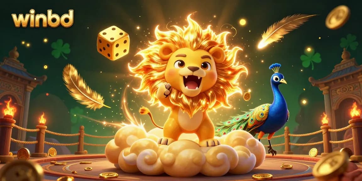 Experience thrilling gaming at winbd with a dynamic 3D illustration of a roaring sun lion and golden elements.