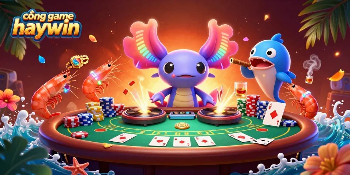 Engage with cổng game haywin showcasing vibrant 3D cartoon characters in an animated casino scene.