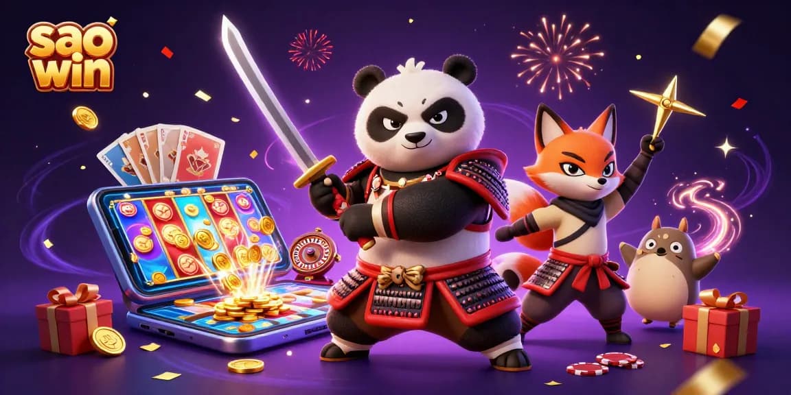 Sao win illustration with a samurai panda and ninja fox in 3D casino scene with dynamic game elements.