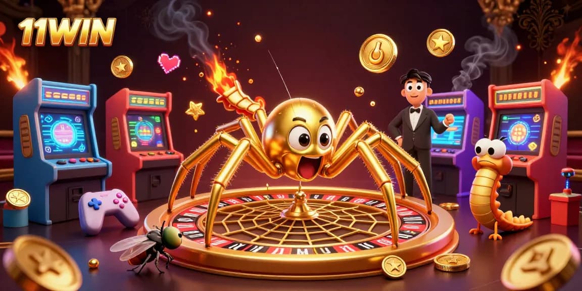 Engage with 11WIN's dynamic online gaming scene showcasing a golden spider and vibrant casino elements.