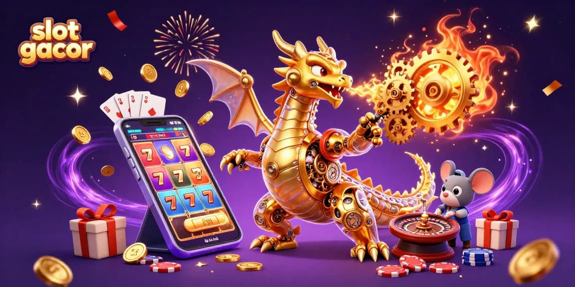 Experience the thrill of slot gacor with this vibrant 3D illustration featuring golden dragon mechanics and a colorful slot game.
