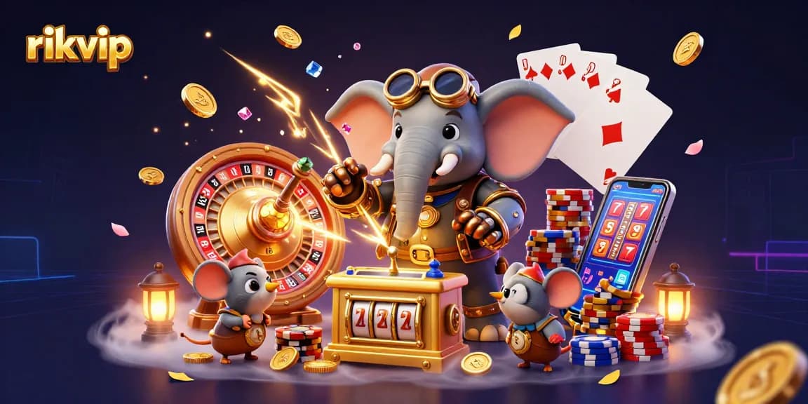 Rikvip unleashes winning strategies for players, featuring a dynamic steampunk casino scene.
