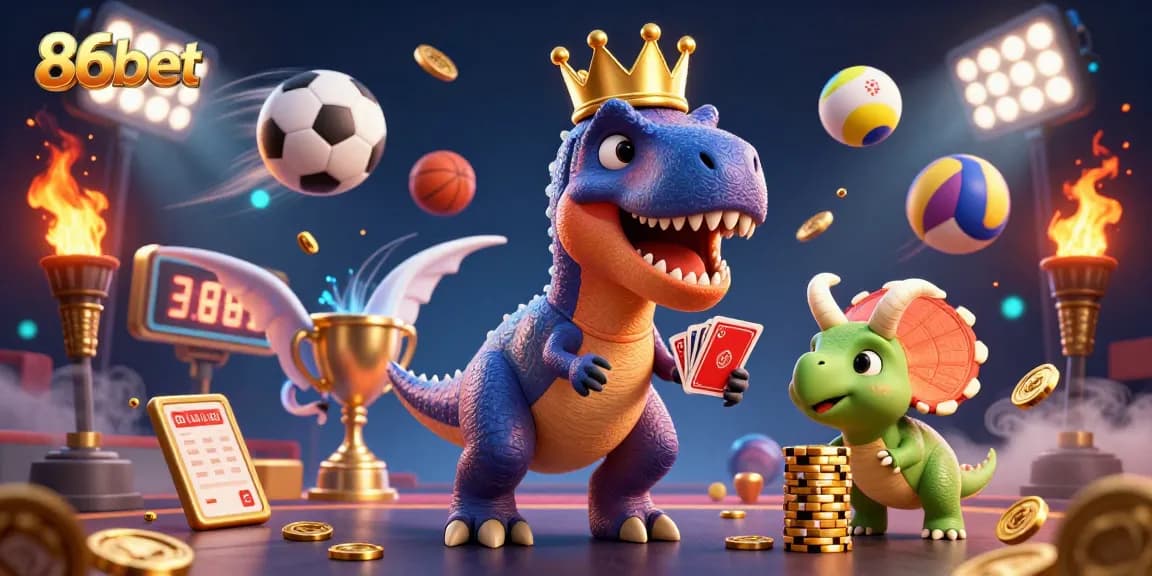 Engage in thrilling 86bet gaming with T-Rex shuffling cards and vibrant casino elements.