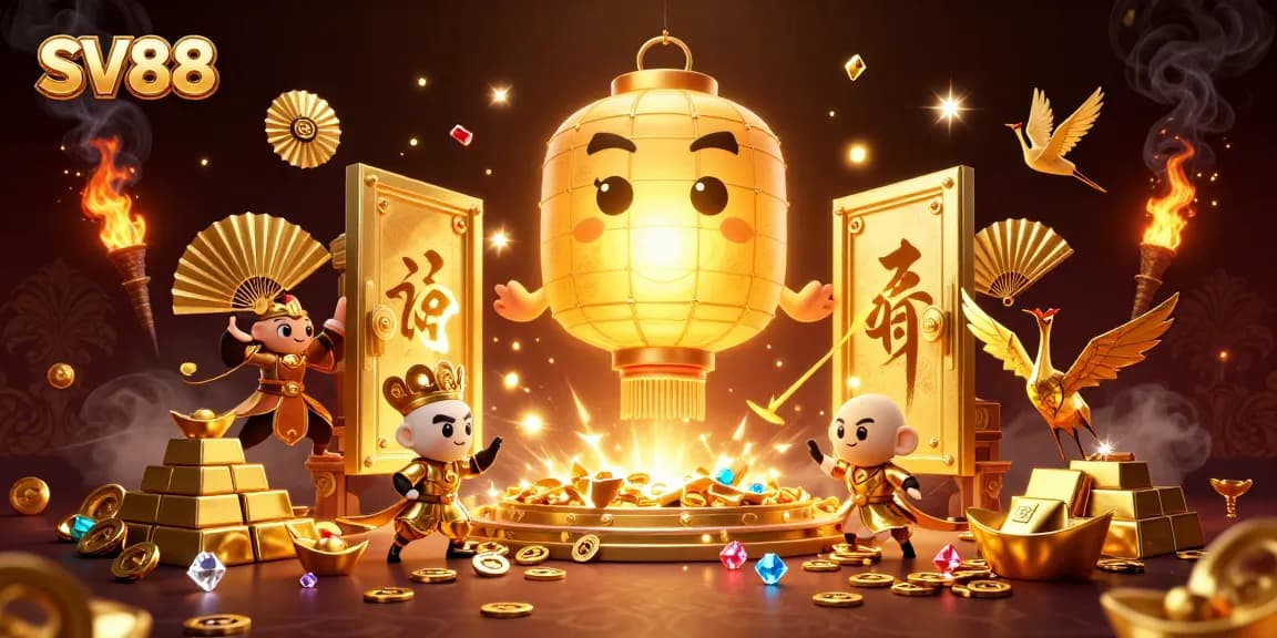 Engage with SV88's vibrant casino scene featuring golden elements and mystical spirits.