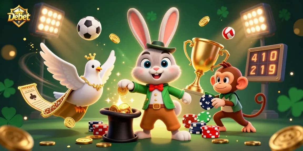 Engage with Debet's lively gambling scene featuring a magician rabbit, dove, and monkey amidst dynamic sports elements.