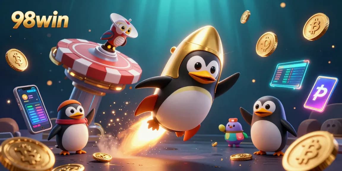 Join the 98win casino adventure with a golden penguin soaring through crypto space.