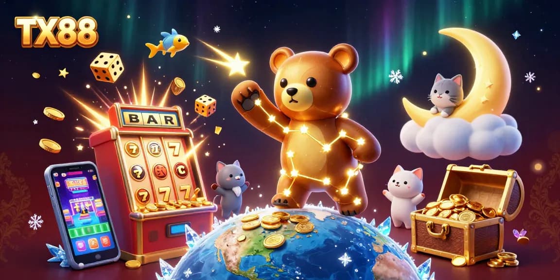 Engage with TX88 casino thrills as a constellation bear collects coins under a jackpot explosion.