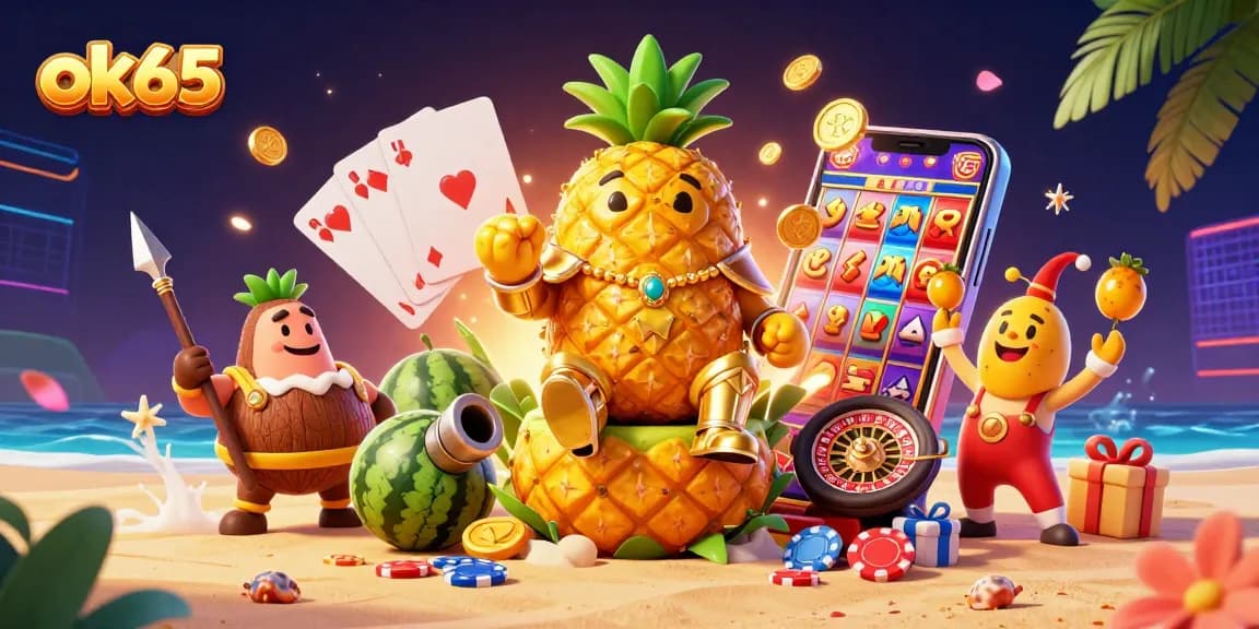 Win big with ok65 at an exciting casino scene featuring vibrant slot games and playful characters.