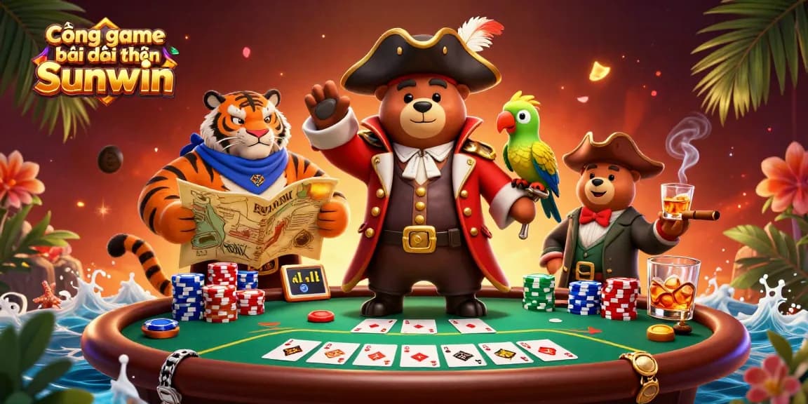 Cổng game bài đổi thưởng Sunwin: A vibrant digital scene with a pirate bear, tiger, and gold parrot playing poker.