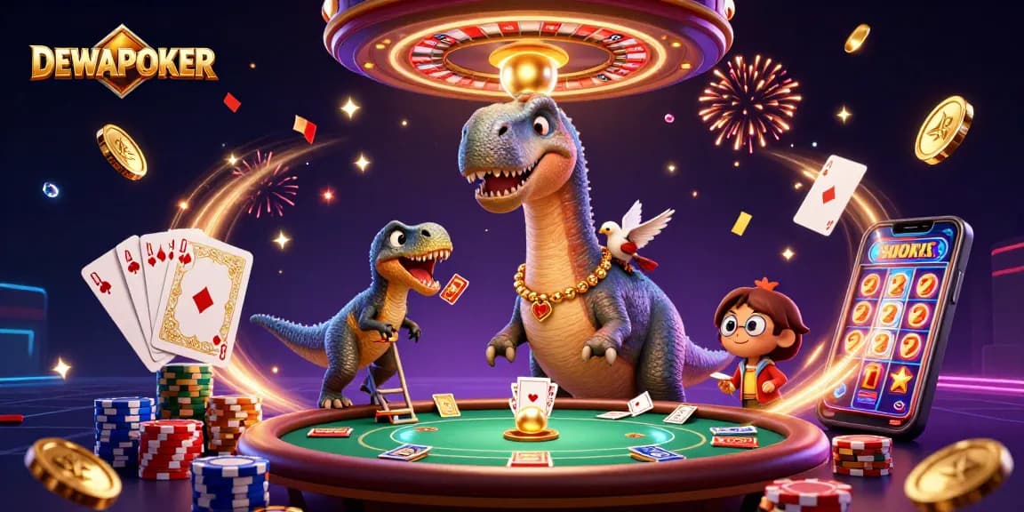 Experience DEWAPOKER excitement with a whimsical dinosaur casino scene featuring poker elements.