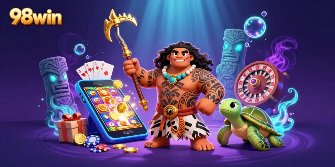 Engage with exciting slot adventures featuring 98win's Polynesian demigod and vibrant casino elements.