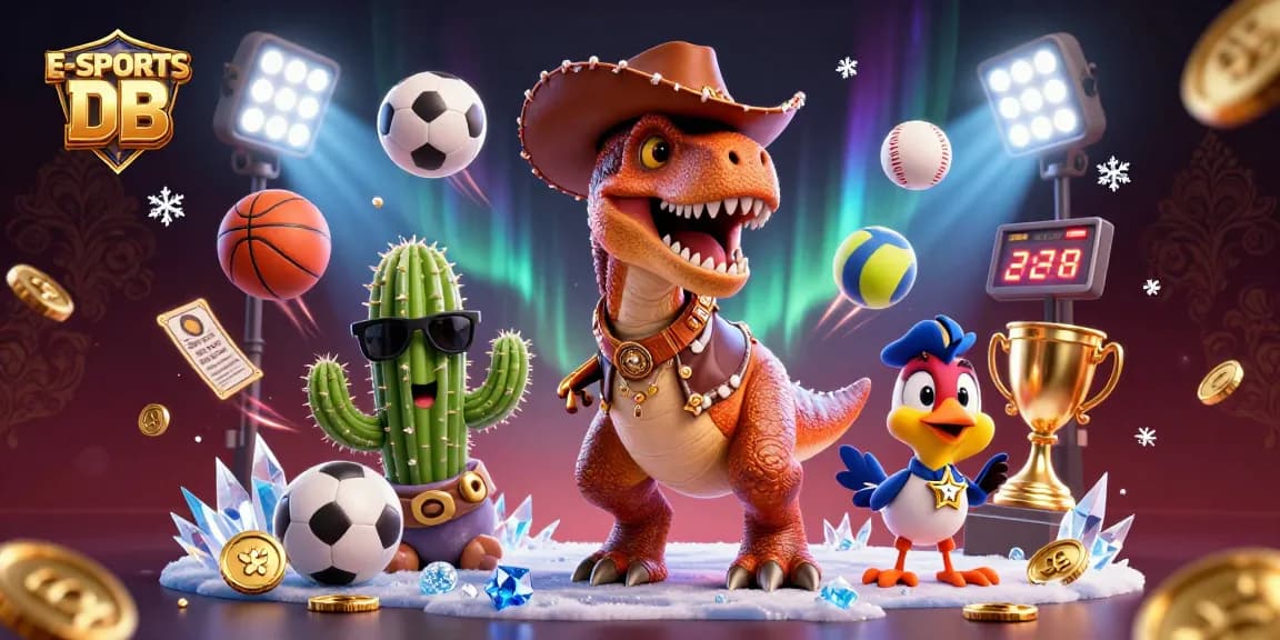 Engage in thrilling betting with E-SPORTS DB as dynamic sports elements surround a fun cowboy dinosaur scene.