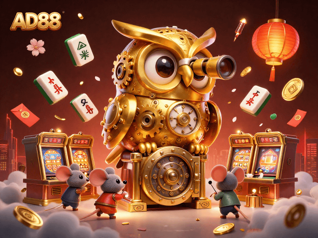 Experience AD88's gaming excitement with a whimsical illustration of characters amidst vibrant casino elements.