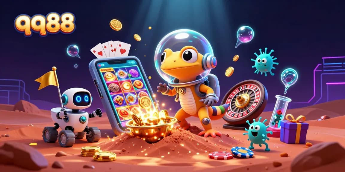 Engage in thrilling gameplay with qq88: a Martian gecko uncovers a golden casino filled with excitement.