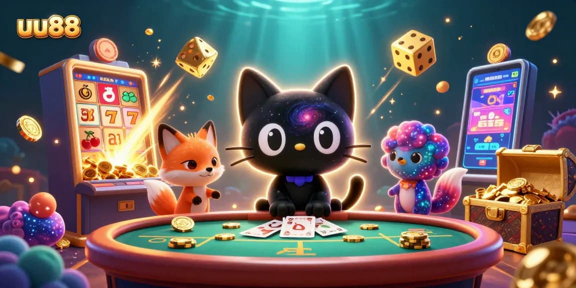 uu88 casino adventure featuring a black hole cat pulling in chips, surrounded by vibrant gaming elements