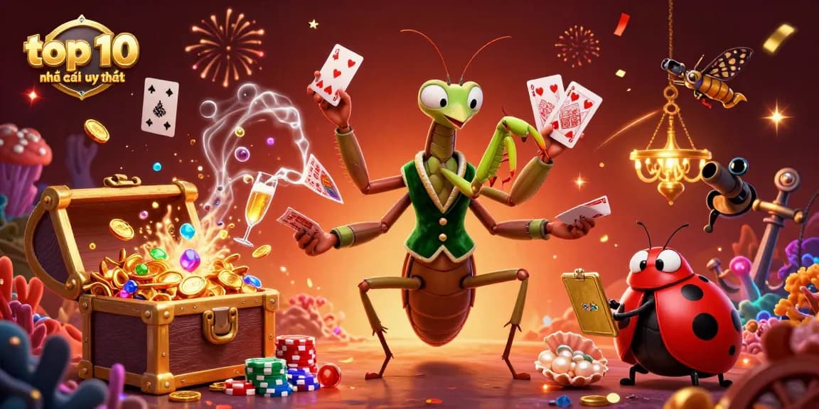 Experience the thrill of top 10 nhà cái uy tín with a vibrant casino scene featuring unique characters engaged in a high-stakes card game.
