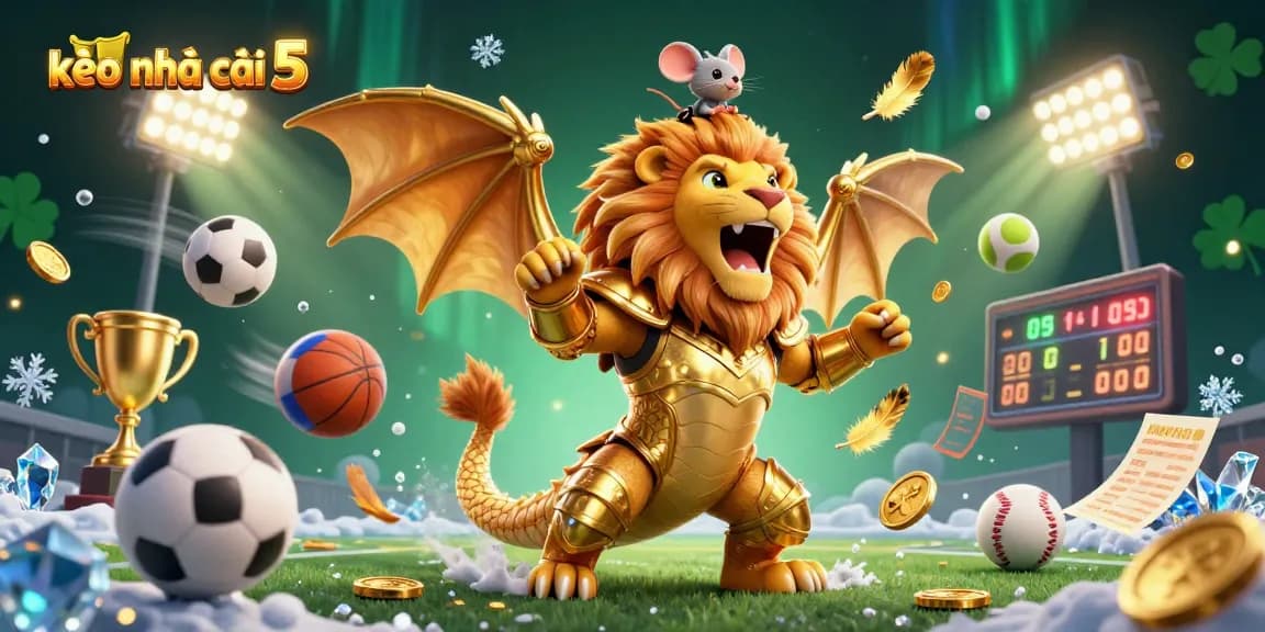 Experience kèo nhà cái 5 in action with a charming chimera and sports elements showcasing dynamic betting excitement.