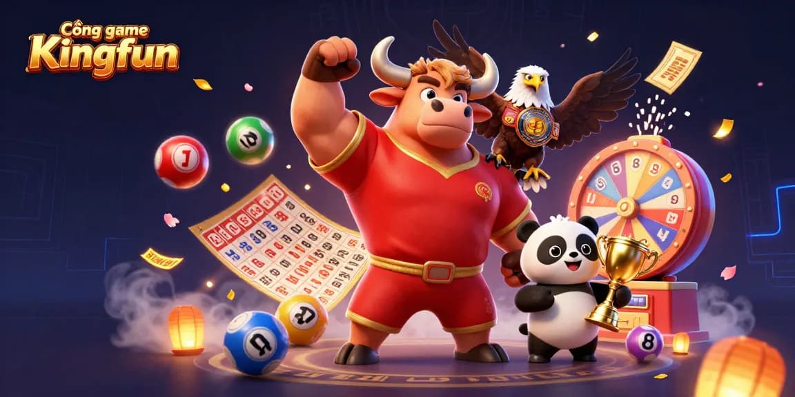 Cổng game Kingfun offers exciting gameplay with a vibrant casino scene featuring animated characters and dynamic game elements.
