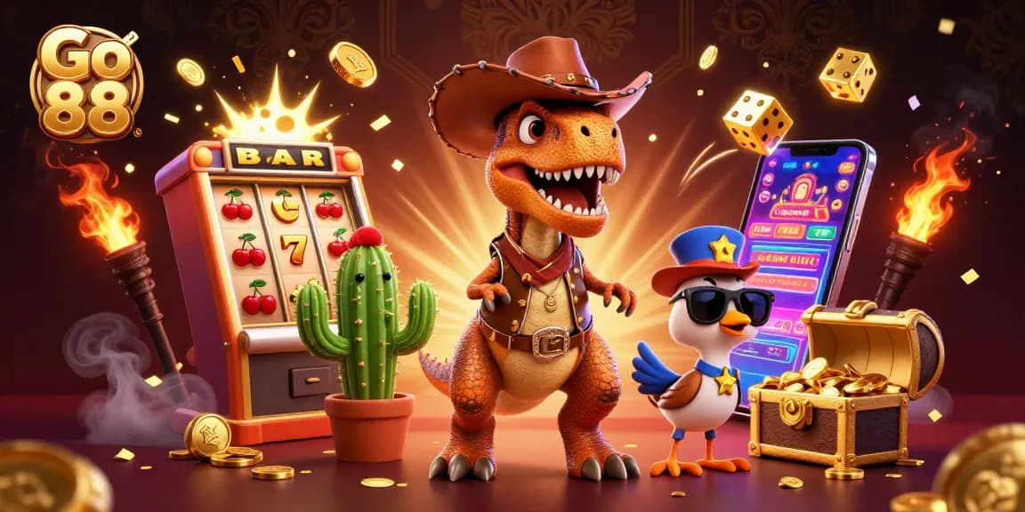 Experience the thrill of Go 88 with a dynamic casino scene featuring vibrant characters and gaming elements.