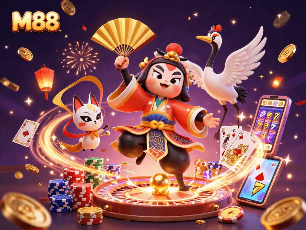 M88 showcases a vibrant 3D illustration of kabuki warriors and casino elements for a lively gaming experience.
