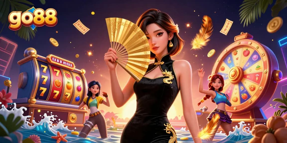 Experience the excitement at go88 with vibrant slot reels and casino elements in a dazzling 3D scene.