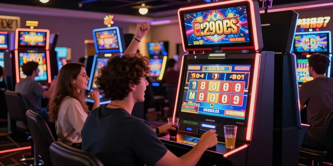 Player winning at a slot machine with friends cheering in a lively casino setting.