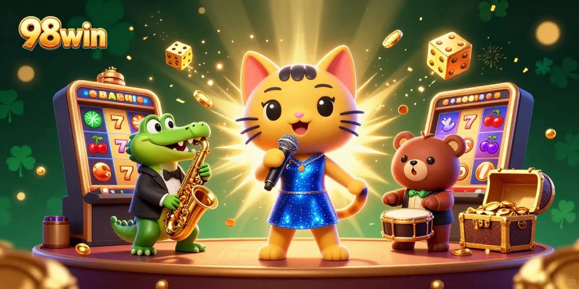 Elevate your gaming with 98win's vibrant slot scene featuring a jazz-singer cat and more.
