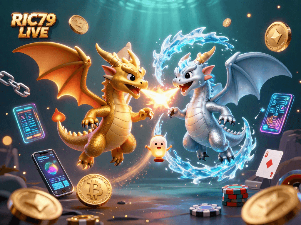 Engage with RIC79 LIVE's thrilling casino atmosphere featuring dragons and crypto elements.
