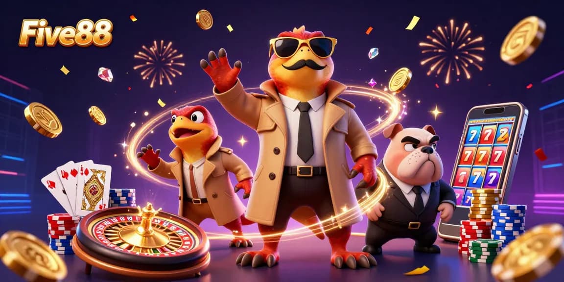 Five88 showcases an entertaining VIP casino scene with raptors and bouncer, featuring gambling elements.