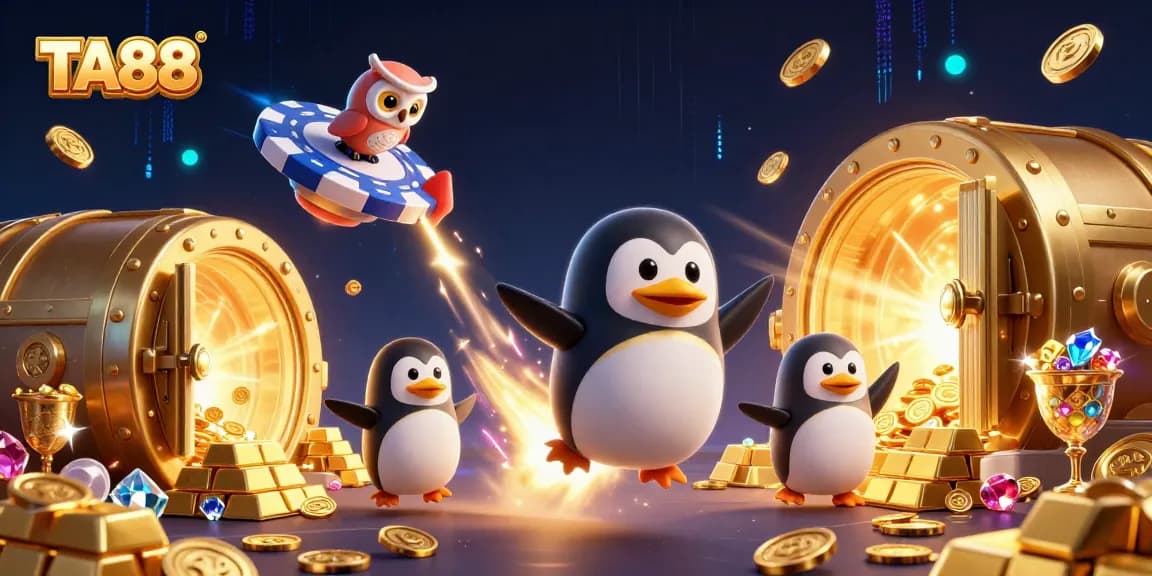TA88 showcases a golden penguin heading to a poker chip casino with treasures scattered around.