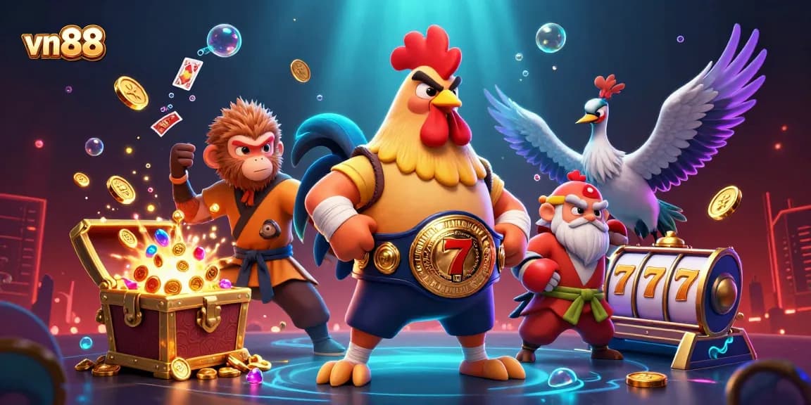 Join the thrill at vn 88 as the fierce rooster and brave monkey celebrate slots with shimmering gold!