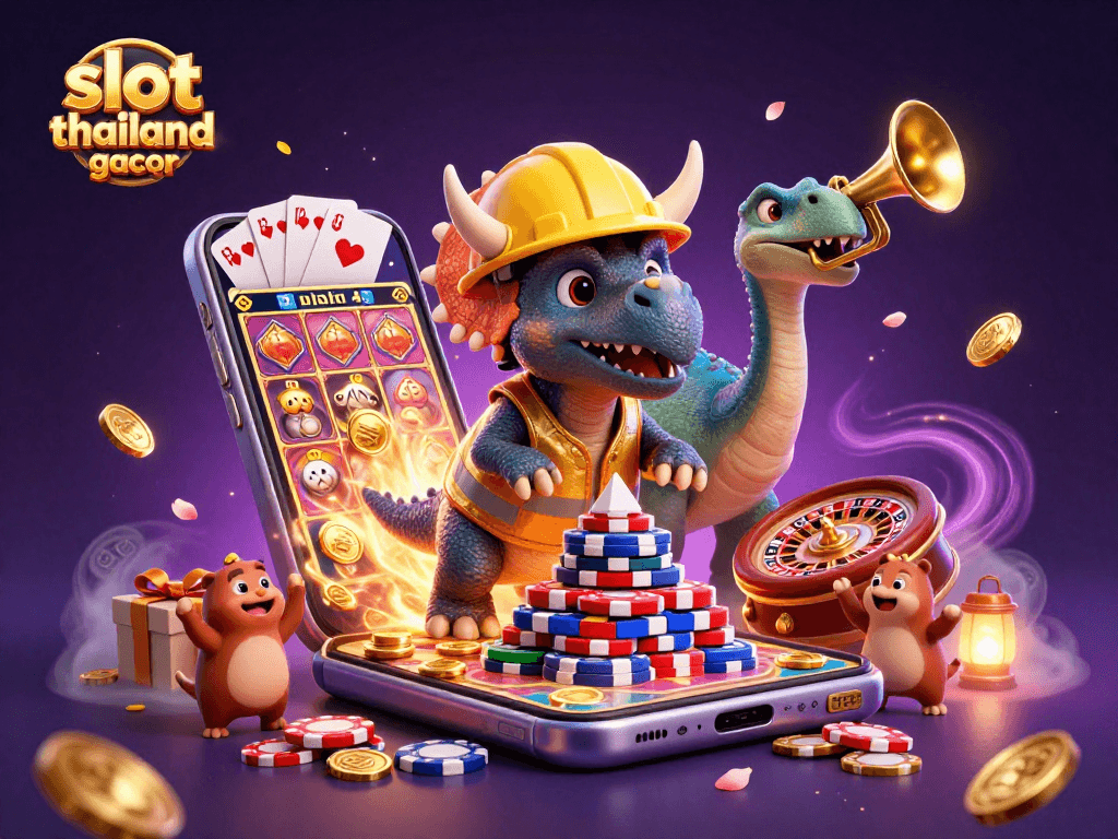 Spin and win with slot thailand gacor, featuring a triceratops building poker chips.
