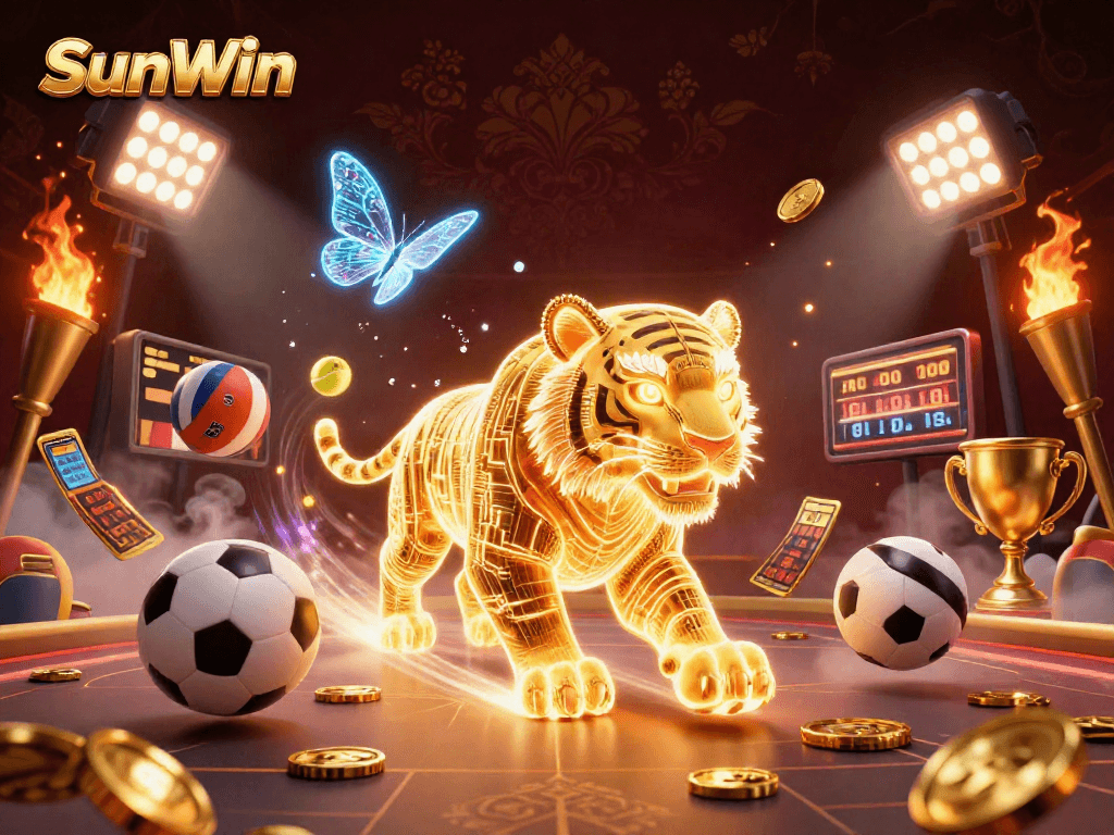 SunWin captures the thrill of gambling with a vibrant illustration showcasing a digital casino environment filled with sports elements.