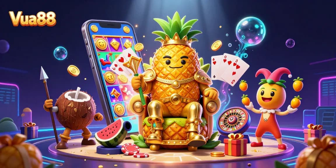 Engage in exciting gameplay with Vua88's vibrant 3D casino illustration showcasing dynamic characters and game elements.