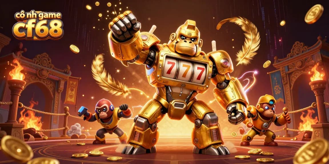 Experience thrilling action at cổng game cf68 with a dynamic golden gorilla mech and vibrant casino elements.