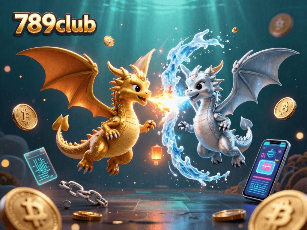 Experience thrilling games at 789club with dynamic visuals of dragons and cryptocurrency elements.