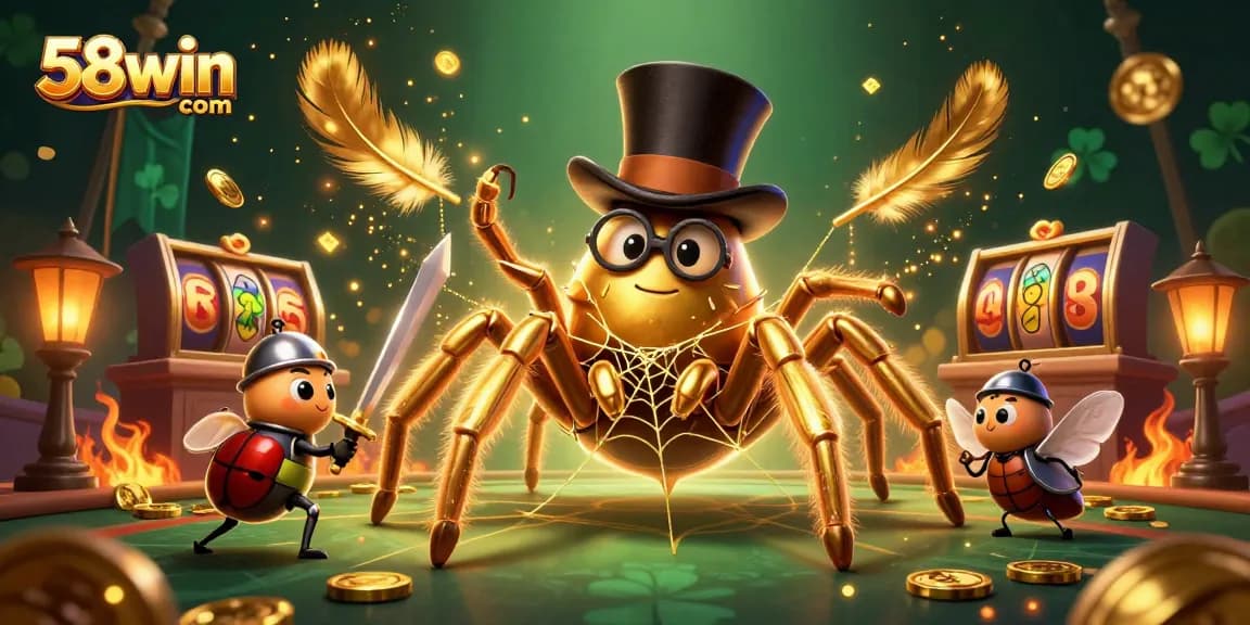 Engage with thrilling gameplay at 58win com with a dynamic illustration of a golden tarantula among casino elements.