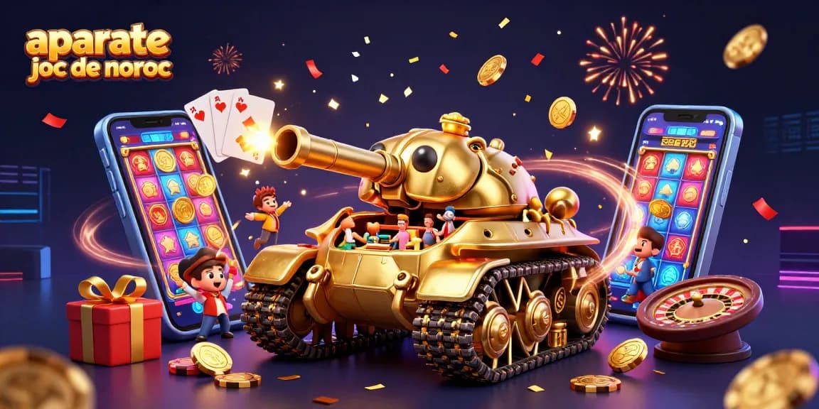 Admirați aparate joc de noroc într-o ilustrație 3D plină de detalii, cu un tank de aur desfăcându-se într-un mini casino.
