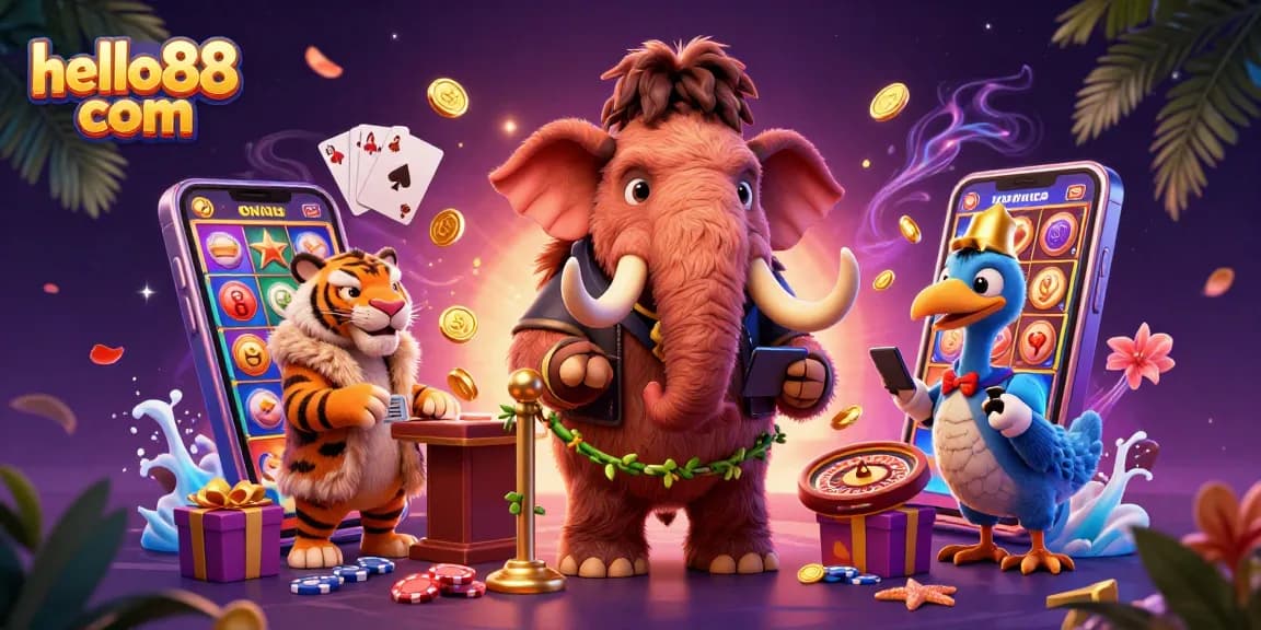 Experience the excitement of hello88 com with the vibrant casino scene featuring a woolly mammoth bouncer and spinning slot games.