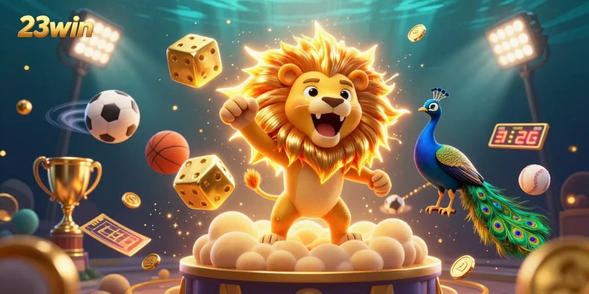 Engage with 23win's thrilling 3D casino experience amidst dazzling gaming elements and vibrant characters.