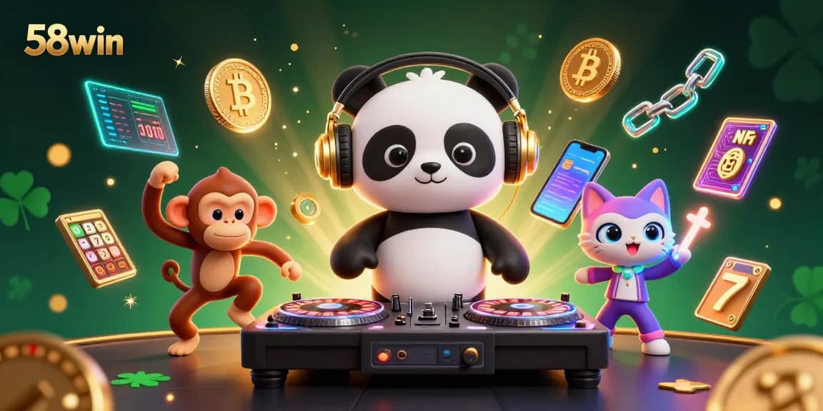 The 58win platform entertains with a vibrant casino scene featuring a DJ panda, monkey, and kitten amidst exciting slot game elements.