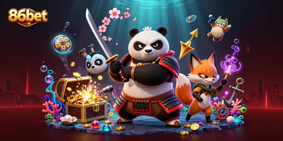 Experience thrilling 86bet slots with samurai panda and ninja fox in action, showcasing excitement and vibrant casino elements.