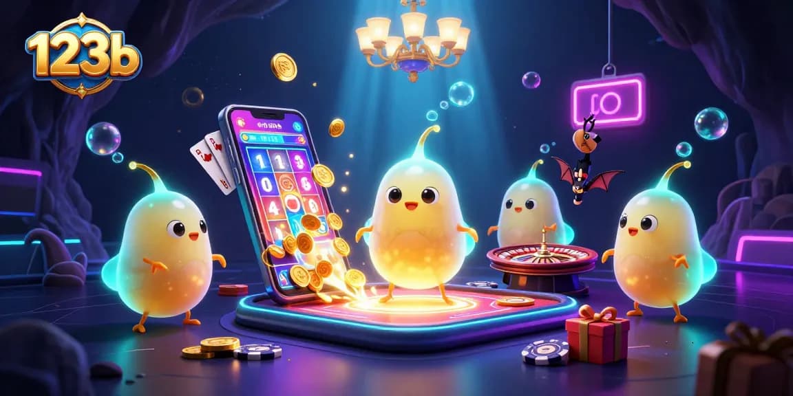 Experience exciting moments at 123b with glowworms illuminating a vibrant cave casino scene filled with dynamic gaming elements.