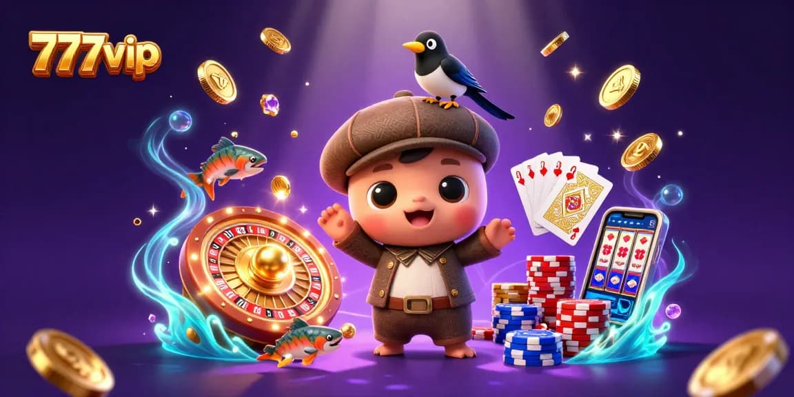 Win big with 777vip in a vibrant casino scene featuring playful characters and dynamic gambling elements.