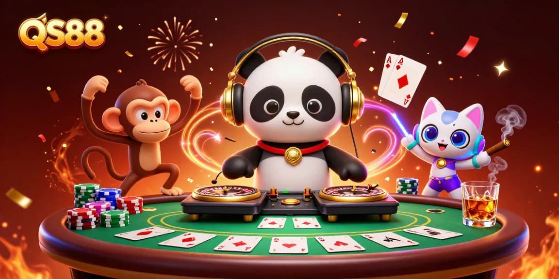 Experience the vibrant energy of QS88 with colorful characters in a lively casino atmosphere.