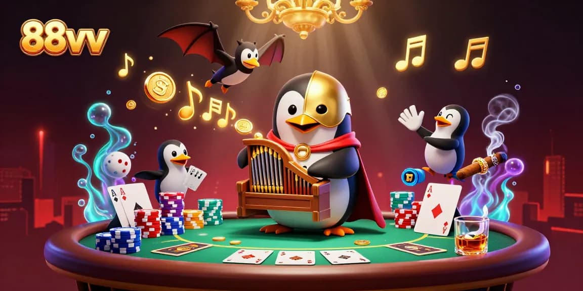 88vv players compete at a vibrant poker table while a phantom penguin plays a gold organ.